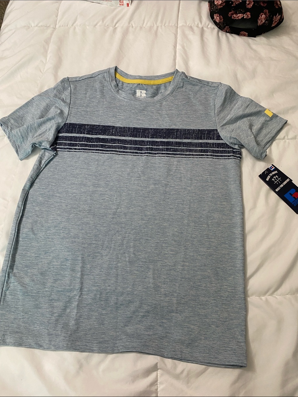 Russell Athletic Light Blue Heather Short-Sleeve Tee with Navy Chest Stripe-133